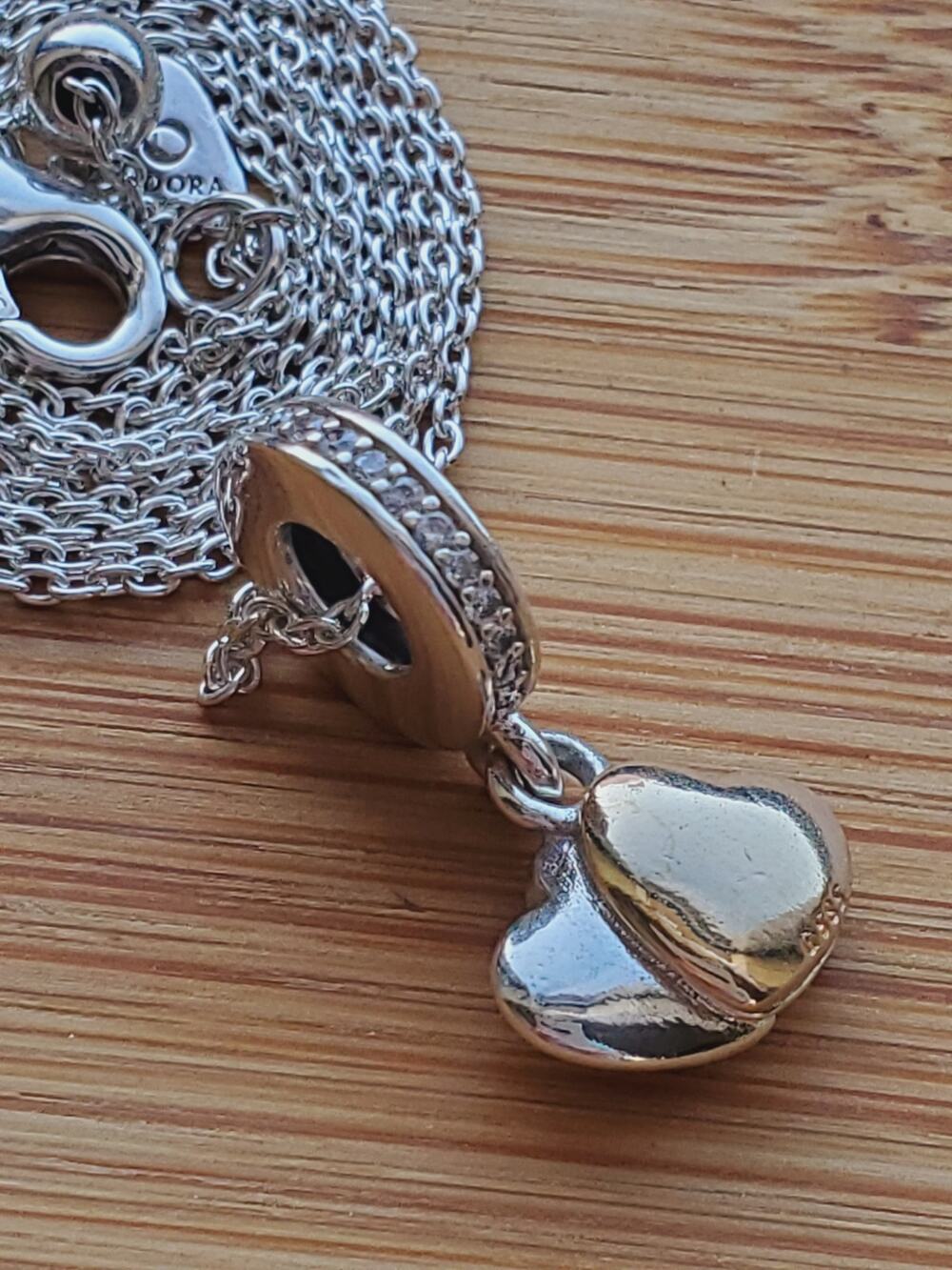 Vintage Pandora Sterling Silver 14K Gold Heart Charm Necklace 925 ALE 20in